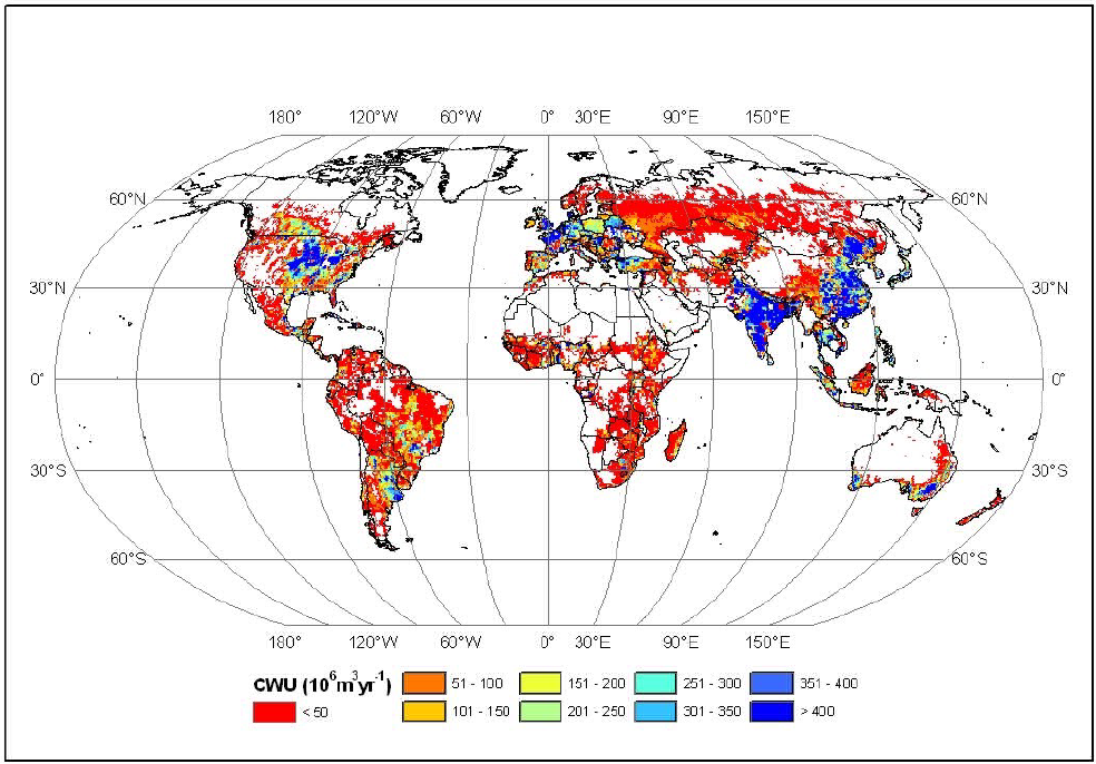 Spatial distribution of consumptive water use (CWU) for crop production per grid cell of 30 arc-minutes (average over 1998-2002)
