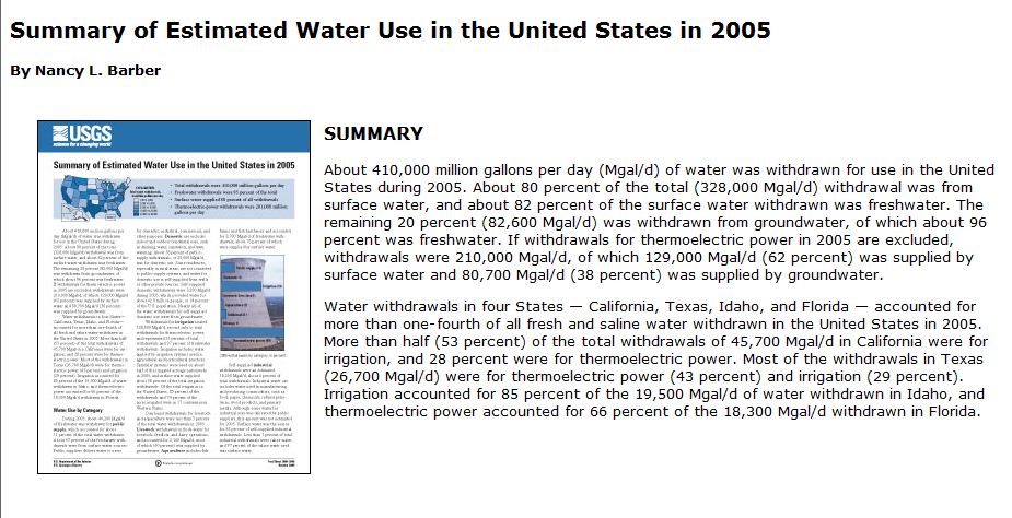 Summary of Estimated Water Use in the US 2005 Summary of Estimated Water Use in the US 2005