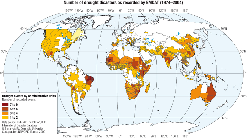 Number of drought disasters as recorded by EMDAT (1974-2004)